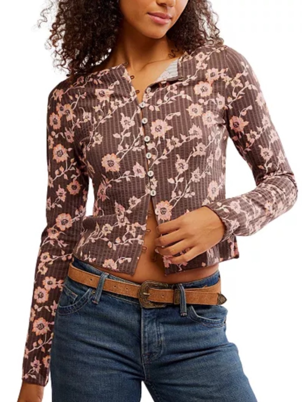 Free People Women's Printed Tilly Long Sleeve Shirt Cardigan Top Size L $110CA